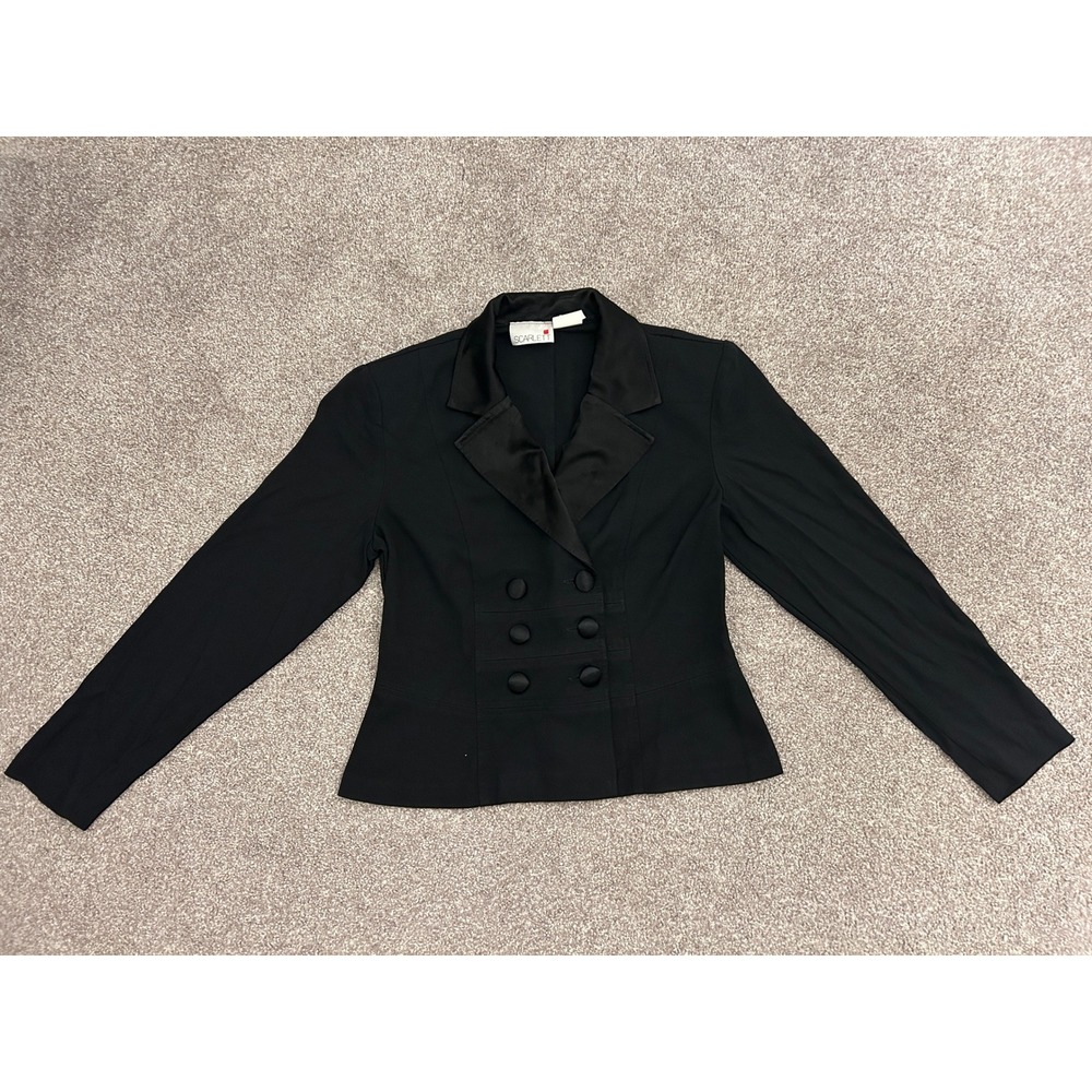 90s Vintage Scarlett Blazer Women 5-6 Black Excellent Double Breaste Satin Lapel